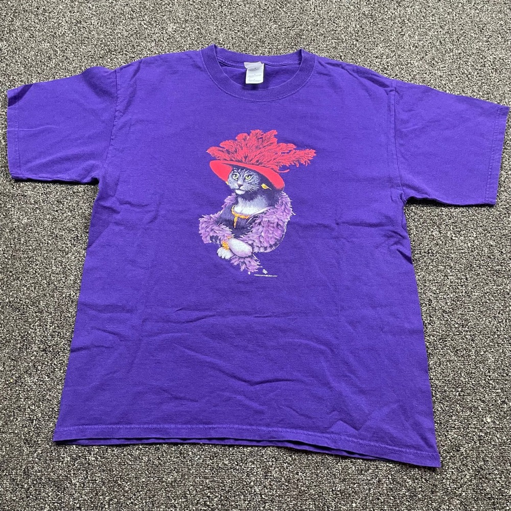 Vintage 2004 Earth Sun Moon Cat Graphic Tee Purple Gildan Ultra Cotton Large - Picture 2 of 6